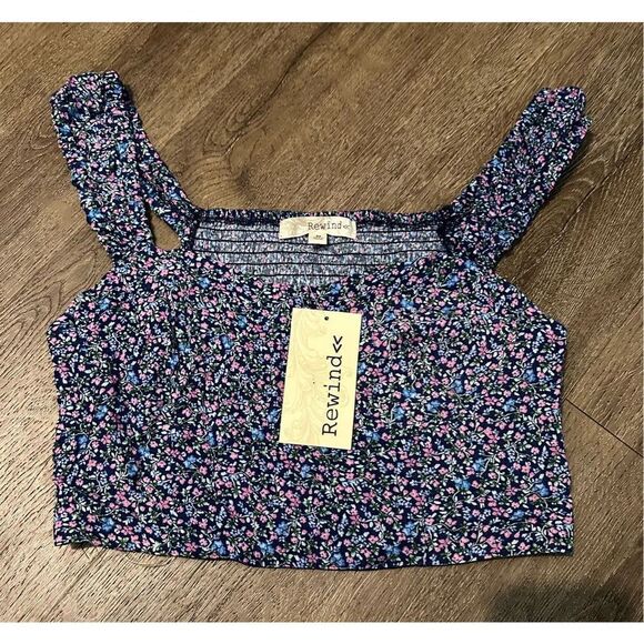Rewind Womens Smocked Blue Floral Stretch Crop Top Shirt New with Tags Sz Medium - Picture 1 of 8